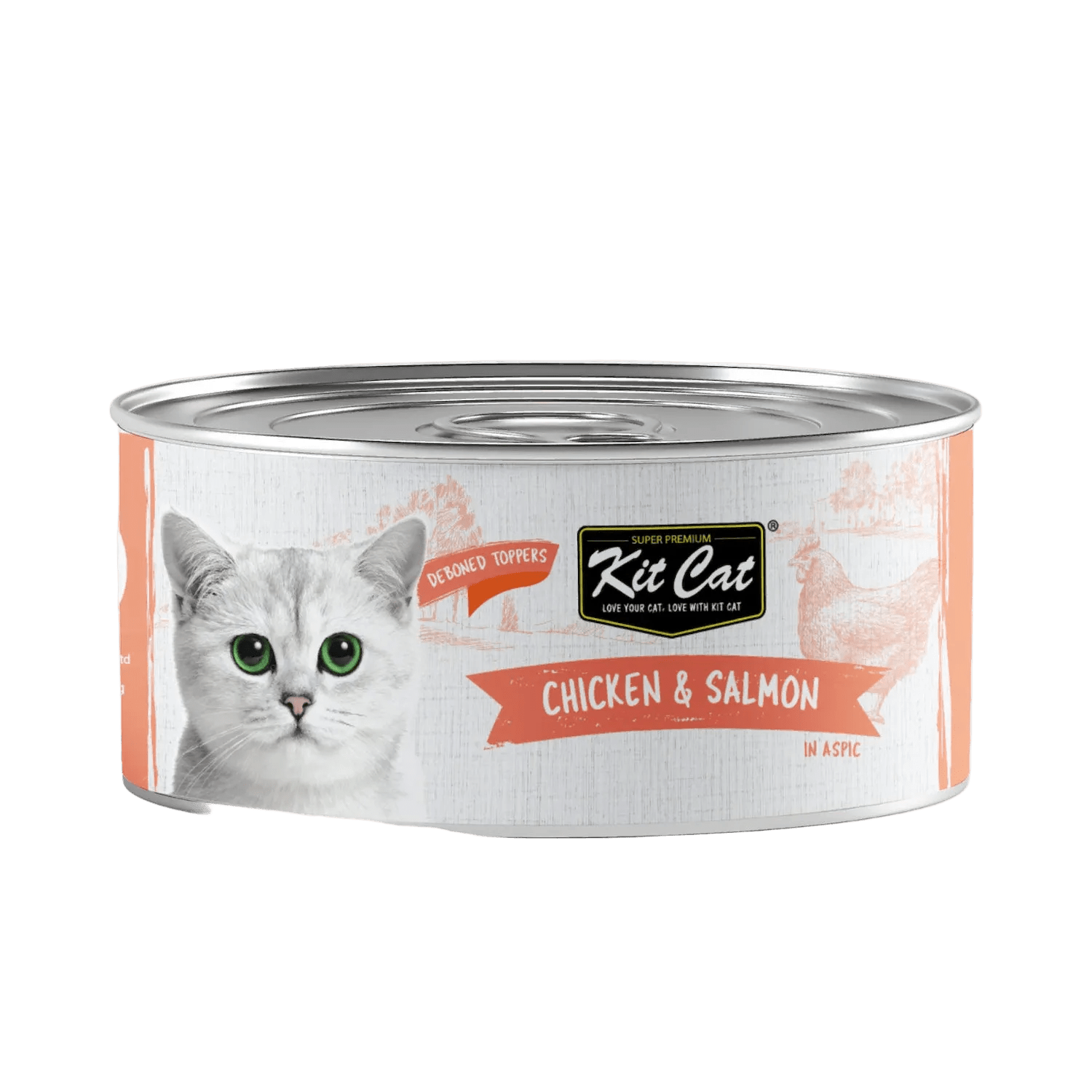 Front view of Kit Cat Deboned Toppers Chicken & Salmon in Aspic can