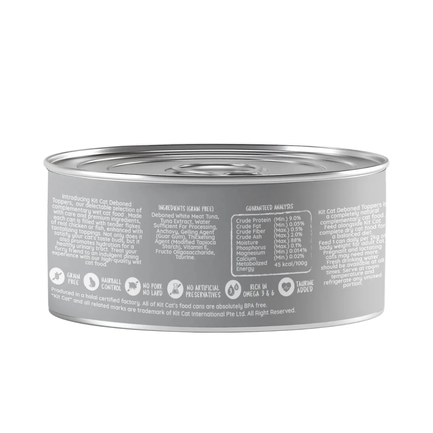 Back of Kit Cat Deboned Toppers Tuna & Anchovy can showing ingredients, guaranteed analysis and feeding guide