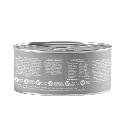 Back of Kit Cat Deboned Toppers Tuna & Anchovy can showing ingredients, guaranteed analysis and feeding guide