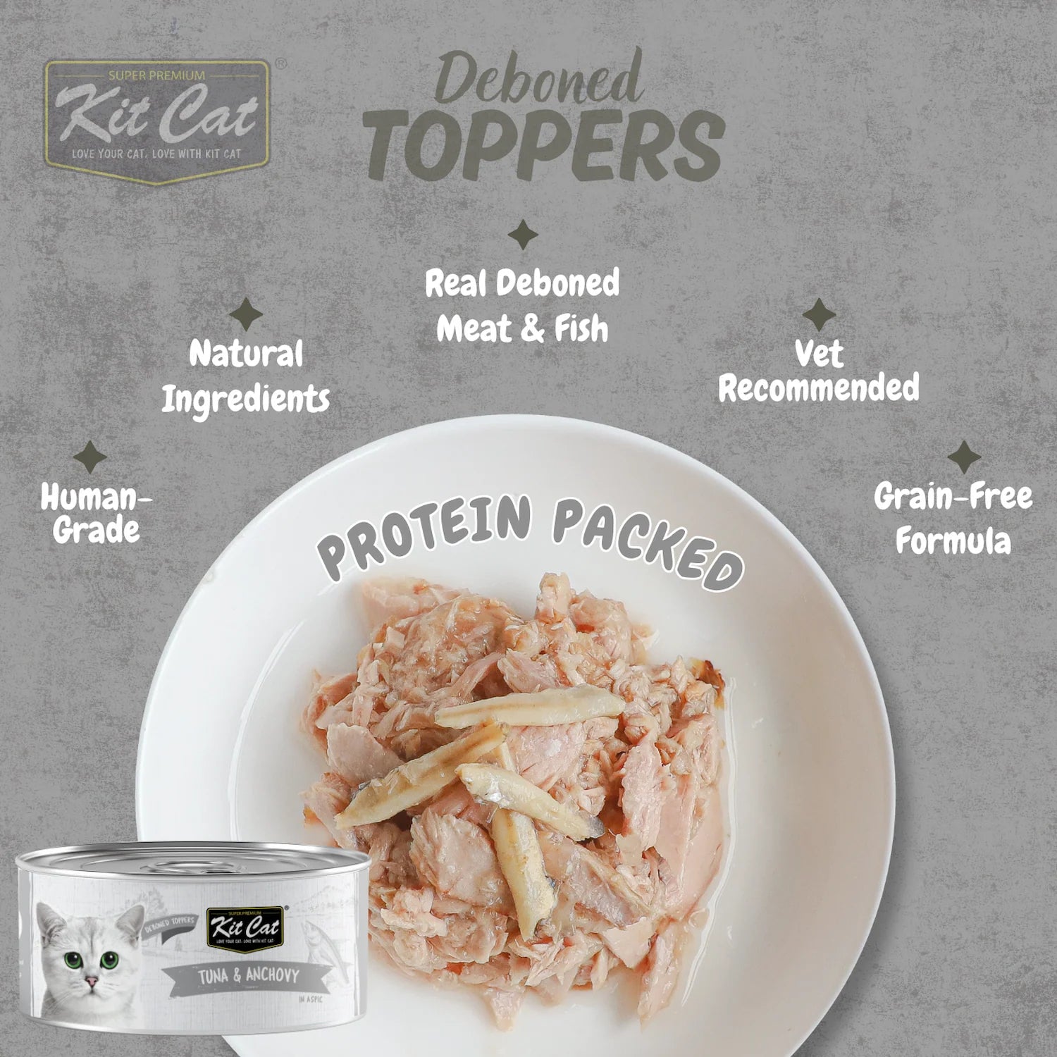 Kit Cat Deboned Toppers Tuna & Anchovy showing chunky fish texture and product benefit callouts