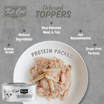 Kit Cat Deboned Toppers Tuna & Anchovy showing chunky fish texture and product benefit callouts