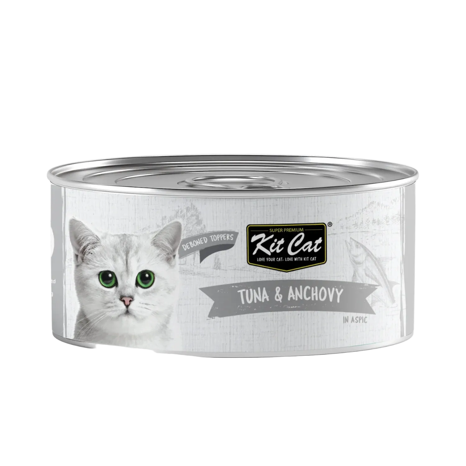 Front view of Kit Cat Deboned Toppers Tuna & Anchovy in Aspic can