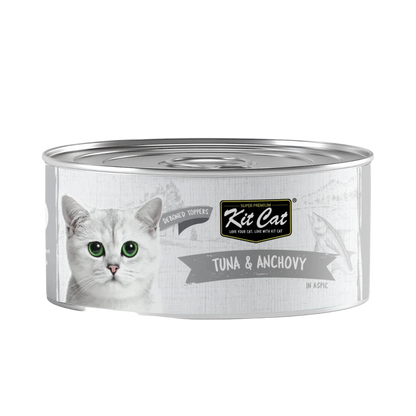 Front view of Kit Cat Deboned Toppers Tuna & Anchovy in Aspic can