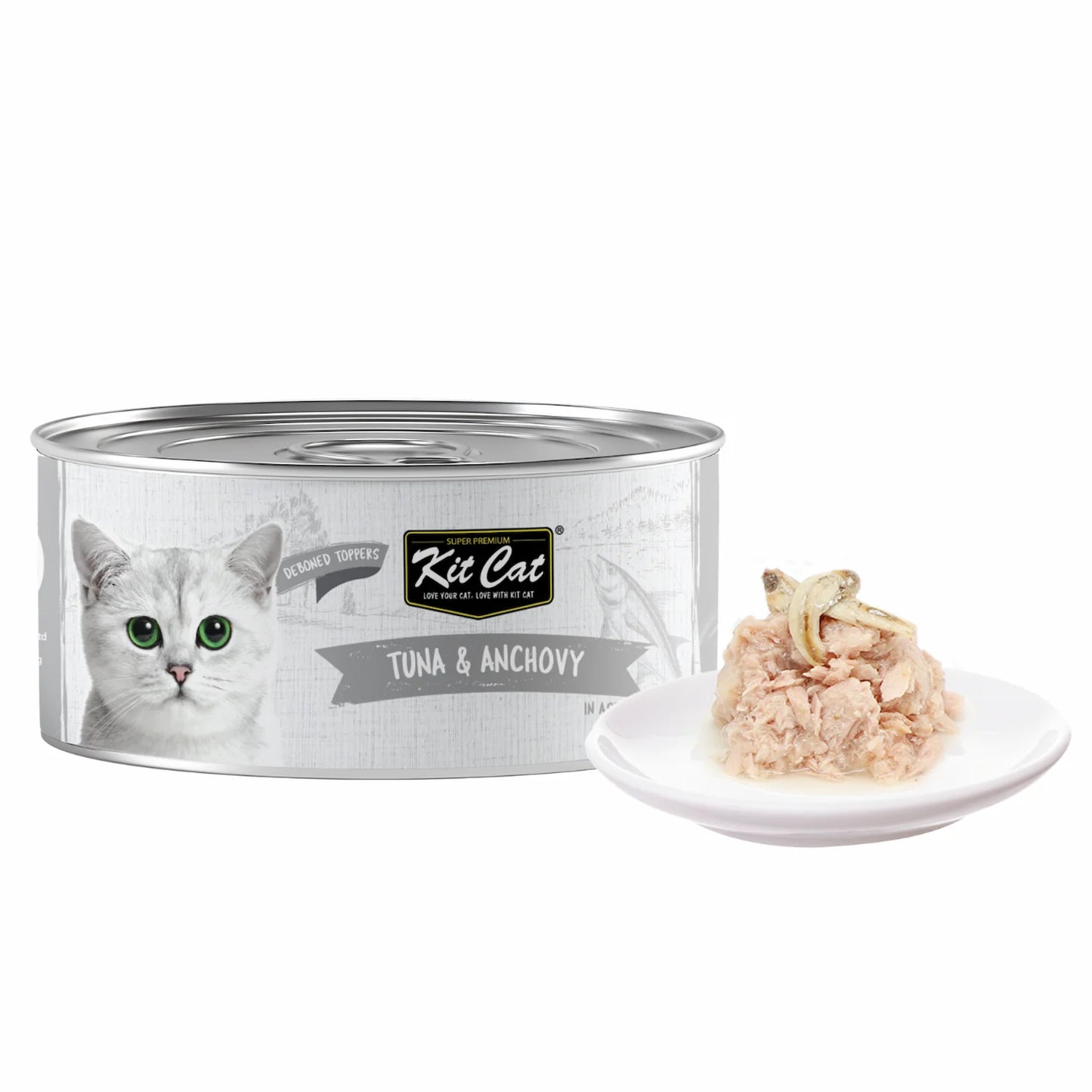 Kit Cat Deboned Toppers Tuna & Anchovy can with wet cat food and anchovy pieces served on a white plate