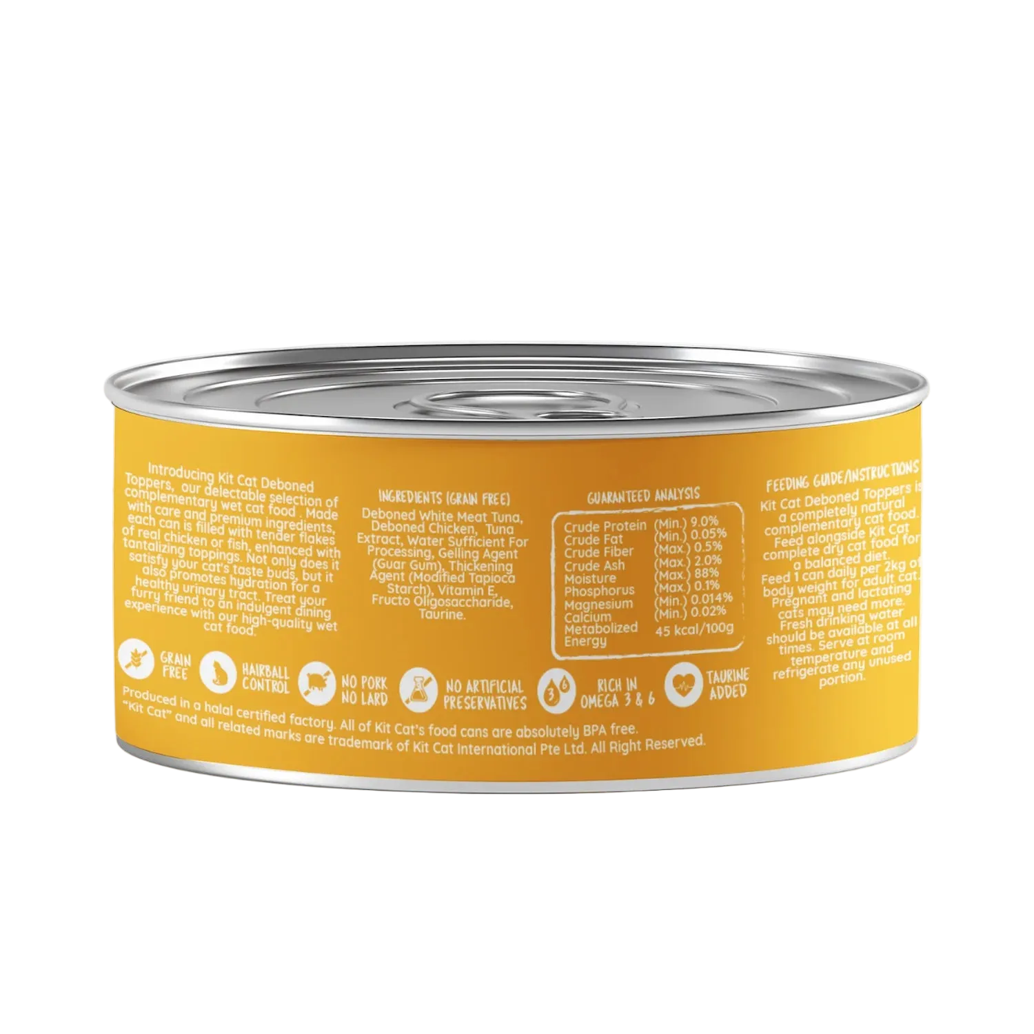 Back of Kit Cat Deboned Toppers Tuna & Chicken can showing ingredients, guaranteed analysis and feeding guide