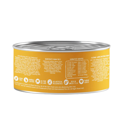 Back of Kit Cat Deboned Toppers Tuna & Chicken can showing ingredients, guaranteed analysis and feeding guide