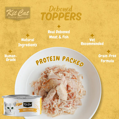Kit Cat Deboned Toppers Tuna & Chicken showing shredded meat texture and product benefit callouts