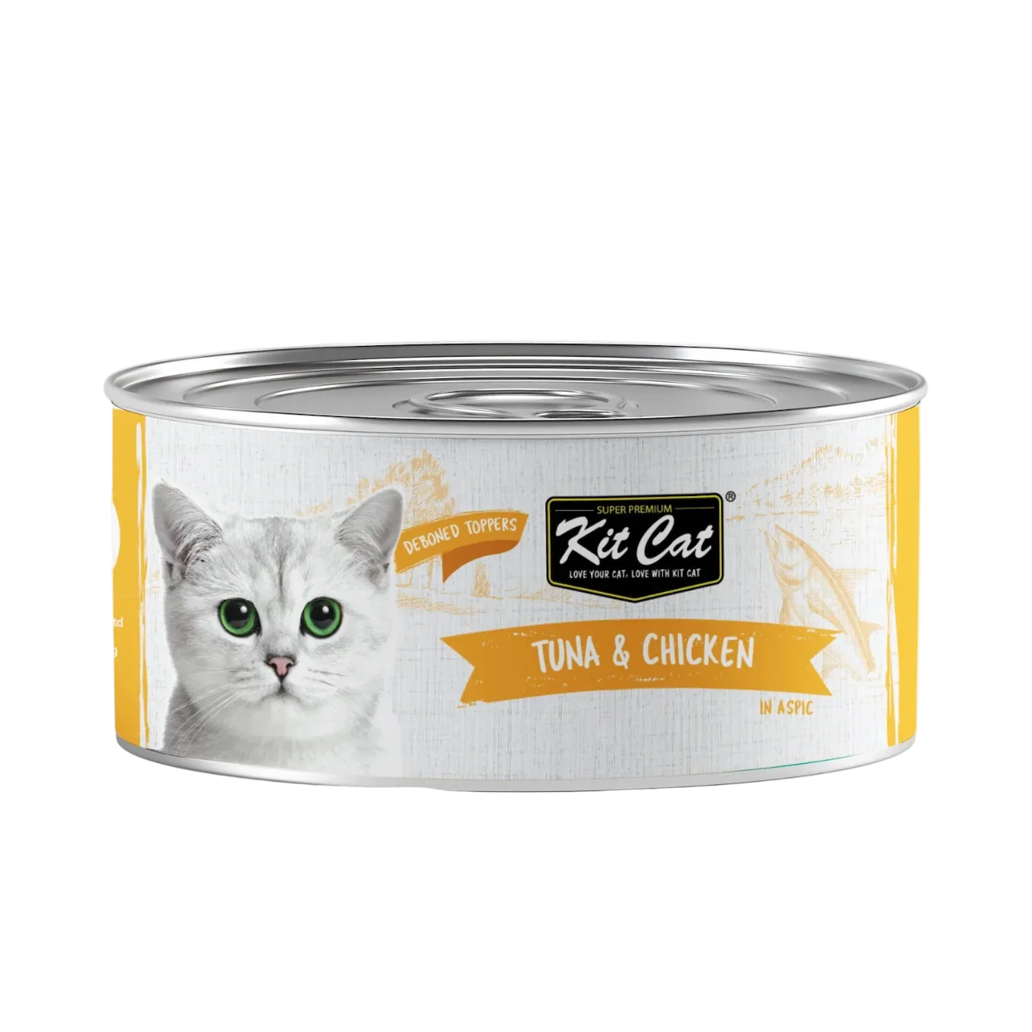 Front view of Kit Cat Deboned Toppers Tuna & Chicken in Aspic can