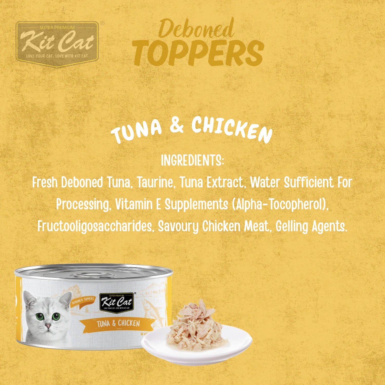 Kit Cat Deboned Toppers Tuna Classic ingredient graphic with can and serving presentation