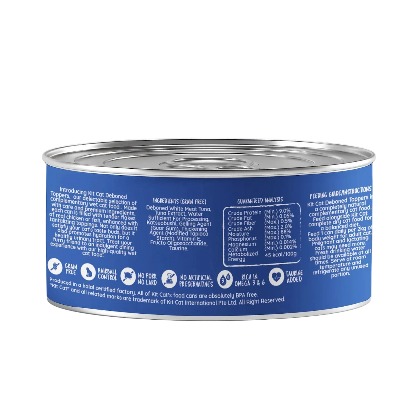 Back of Kit Cat Deboned Toppers Tuna Classic can showing ingredients, guaranteed analysis and feeding guide