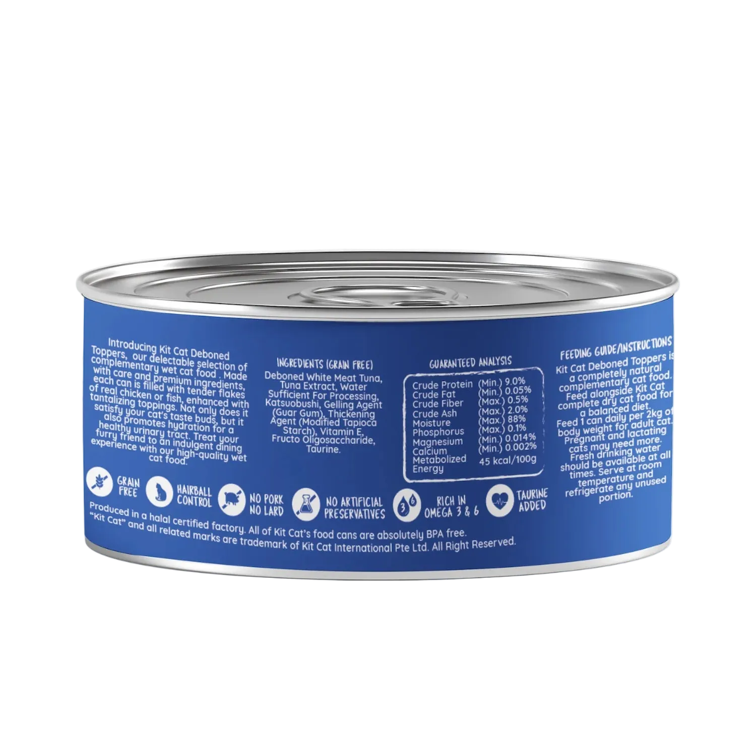 Back of Kit Cat Deboned Toppers Tuna Classic can showing ingredients, guaranteed analysis and feeding guide