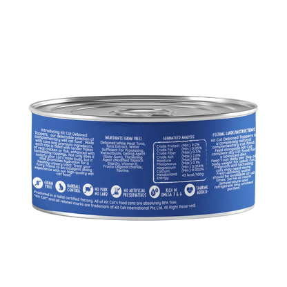 Back of Kit Cat Deboned Toppers Tuna Classic can showing ingredients, guaranteed analysis and feeding guide