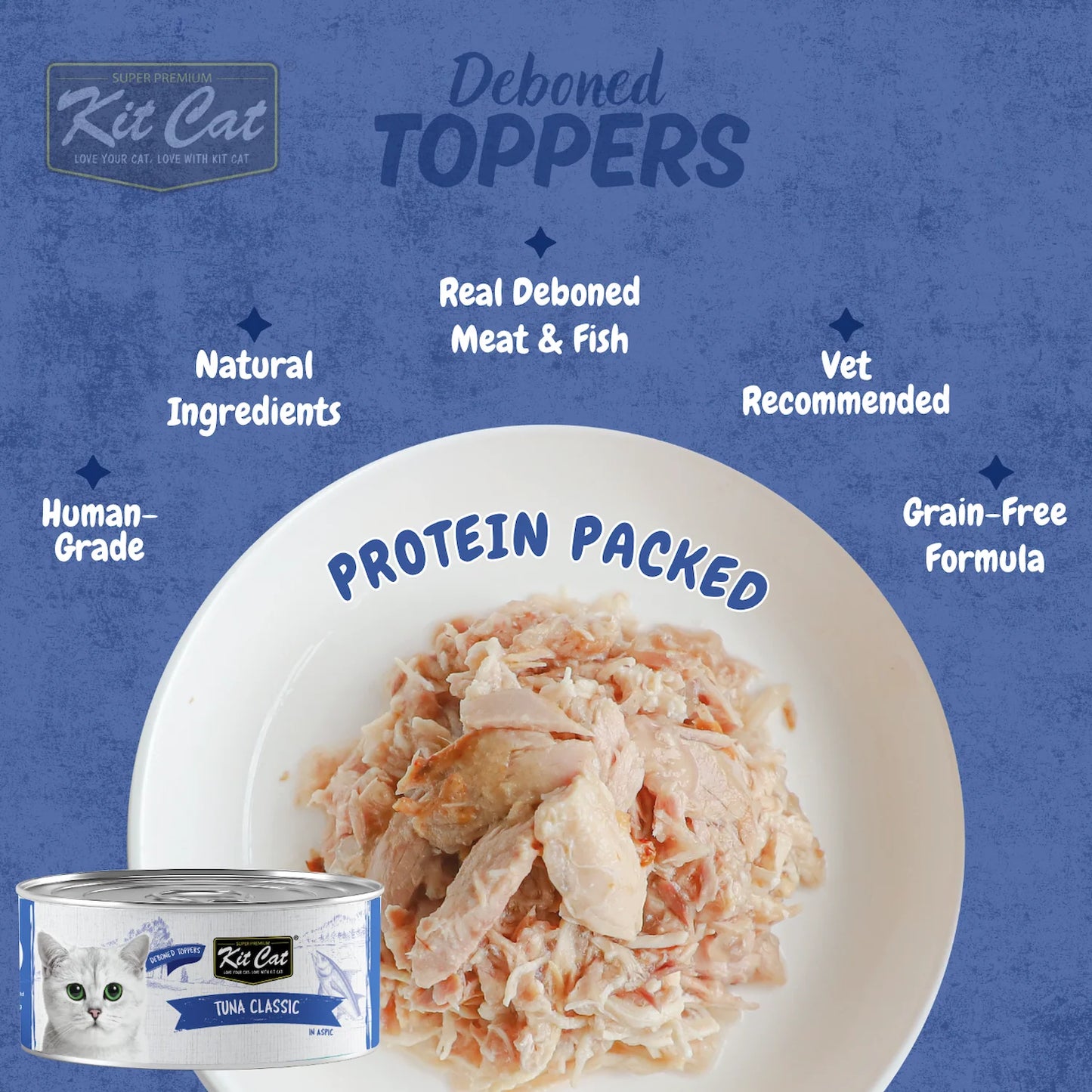 Kit Cat Deboned Toppers Tuna Classic showing shredded tuna texture and product benefit callouts