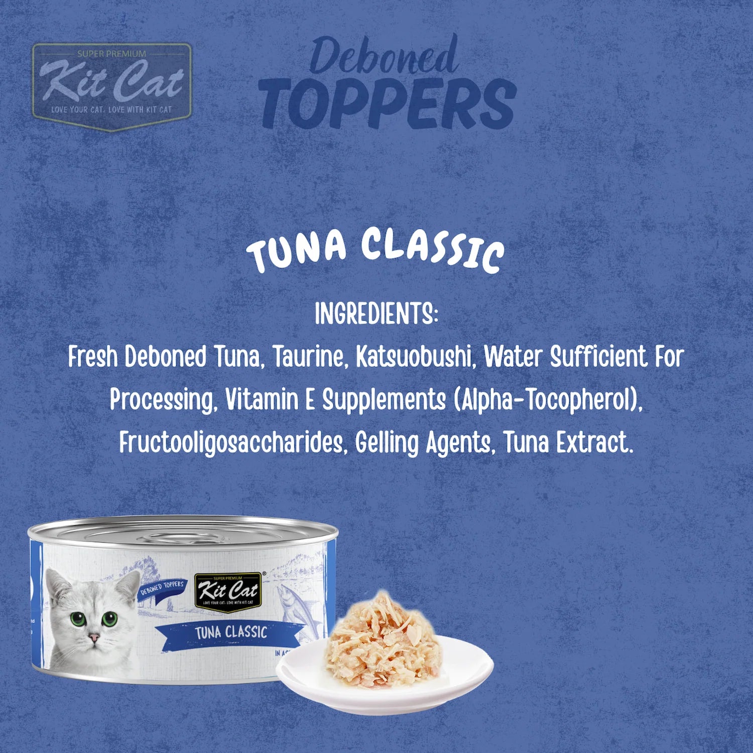 Kit Cat Deboned Toppers Tuna Classic ingredient graphic with can and serving presentation
