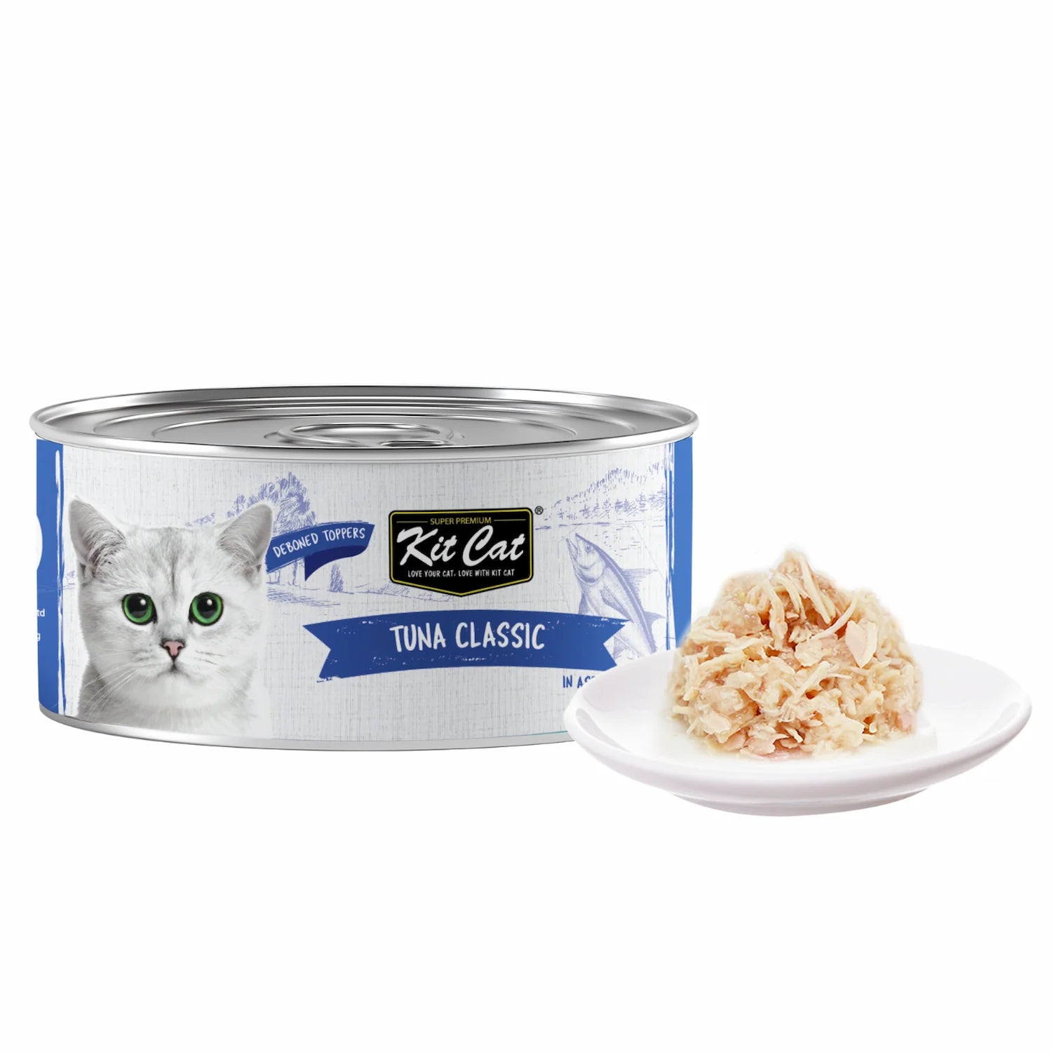Kit Cat Deboned Toppers Tuna Classic can with shredded wet cat food served on a white plate