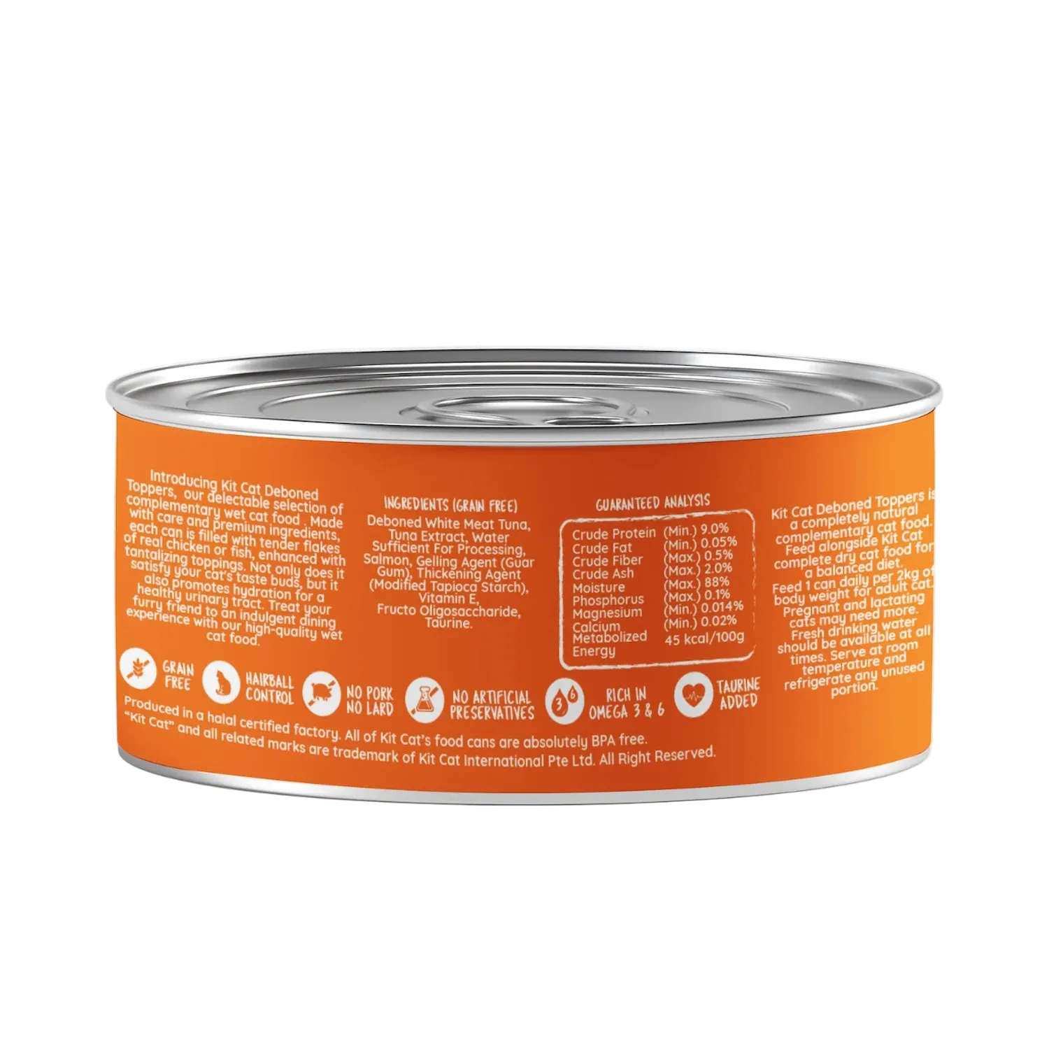 Back of Kit Cat Deboned Toppers Tuna & Salmon can showing ingredients, guaranteed analysis and feeding guide