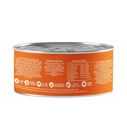 Back of Kit Cat Deboned Toppers Tuna & Salmon can showing ingredients, guaranteed analysis and feeding guide