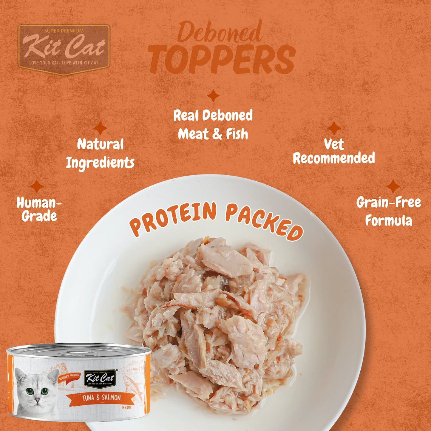 Kit Cat Deboned Toppers Tuna & Salmon showing shredded fish texture and product benefit callouts