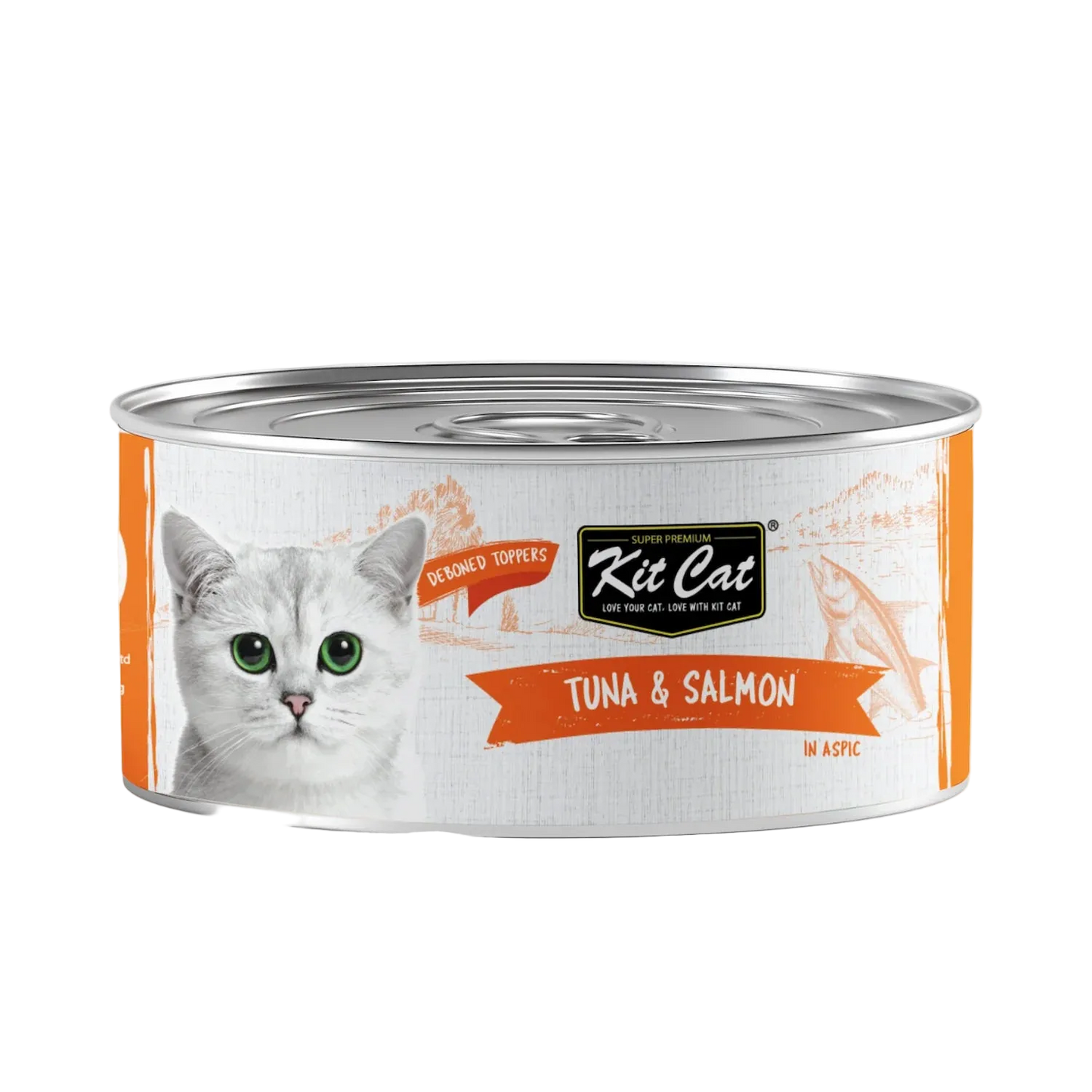 Front view of Kit Cat Deboned Toppers Tuna & Salmon in Aspic can
