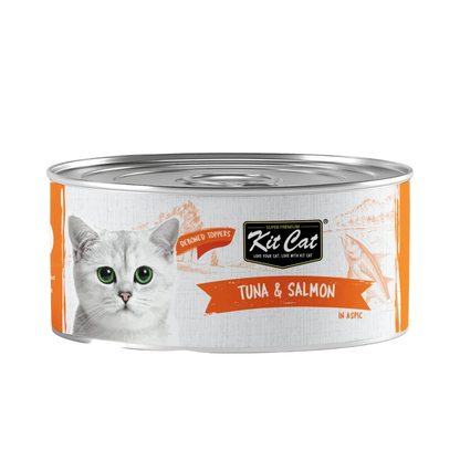 Front view of Kit Cat Deboned Toppers Tuna & Salmon in Aspic can