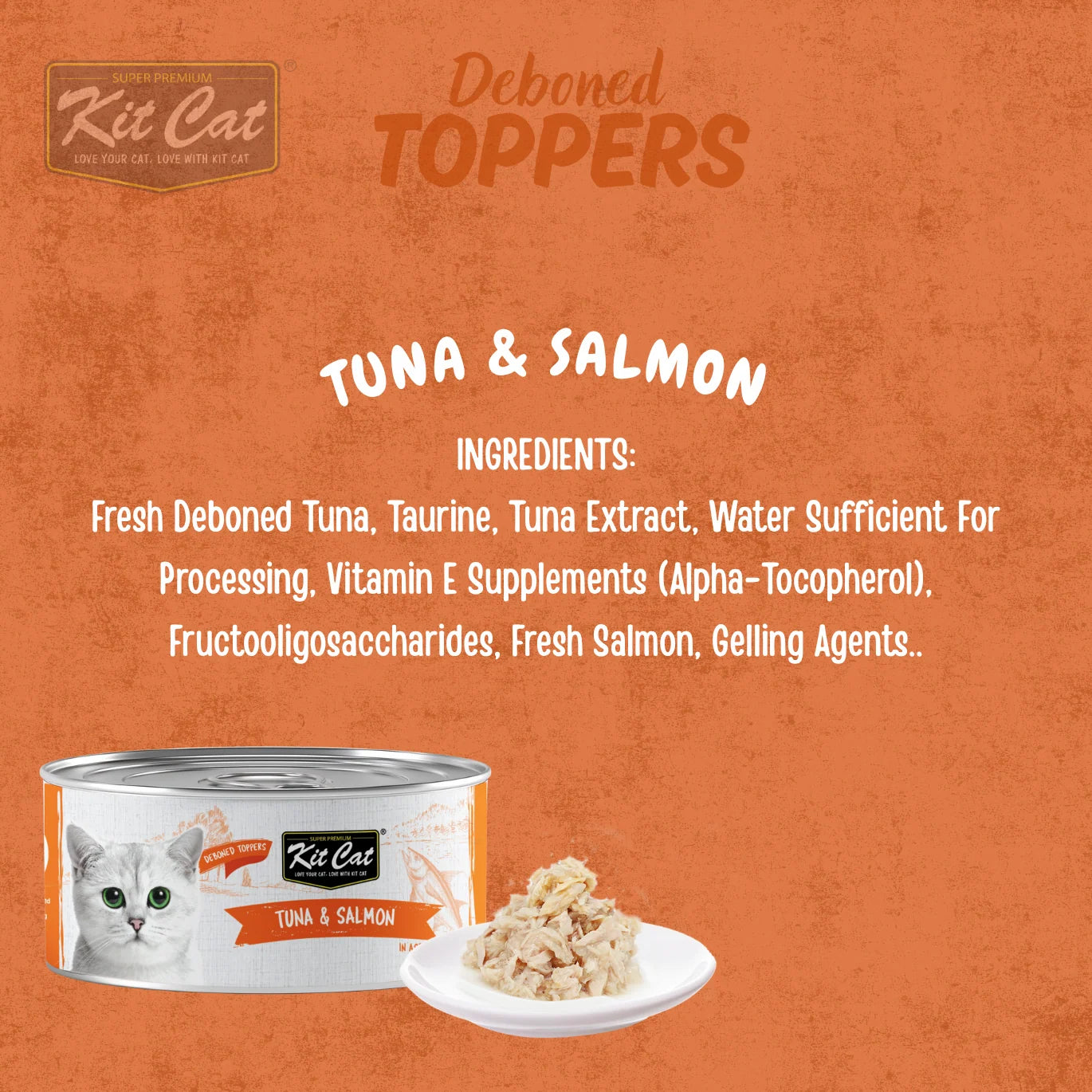 Kit Cat Deboned Toppers Tuna & Salmon ingredient graphic with can and serving presentation