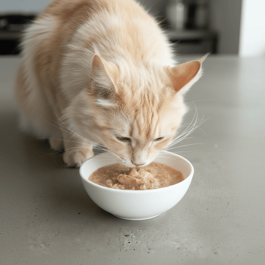 Cat eating from a white bowl filled with pale beige wet cat food