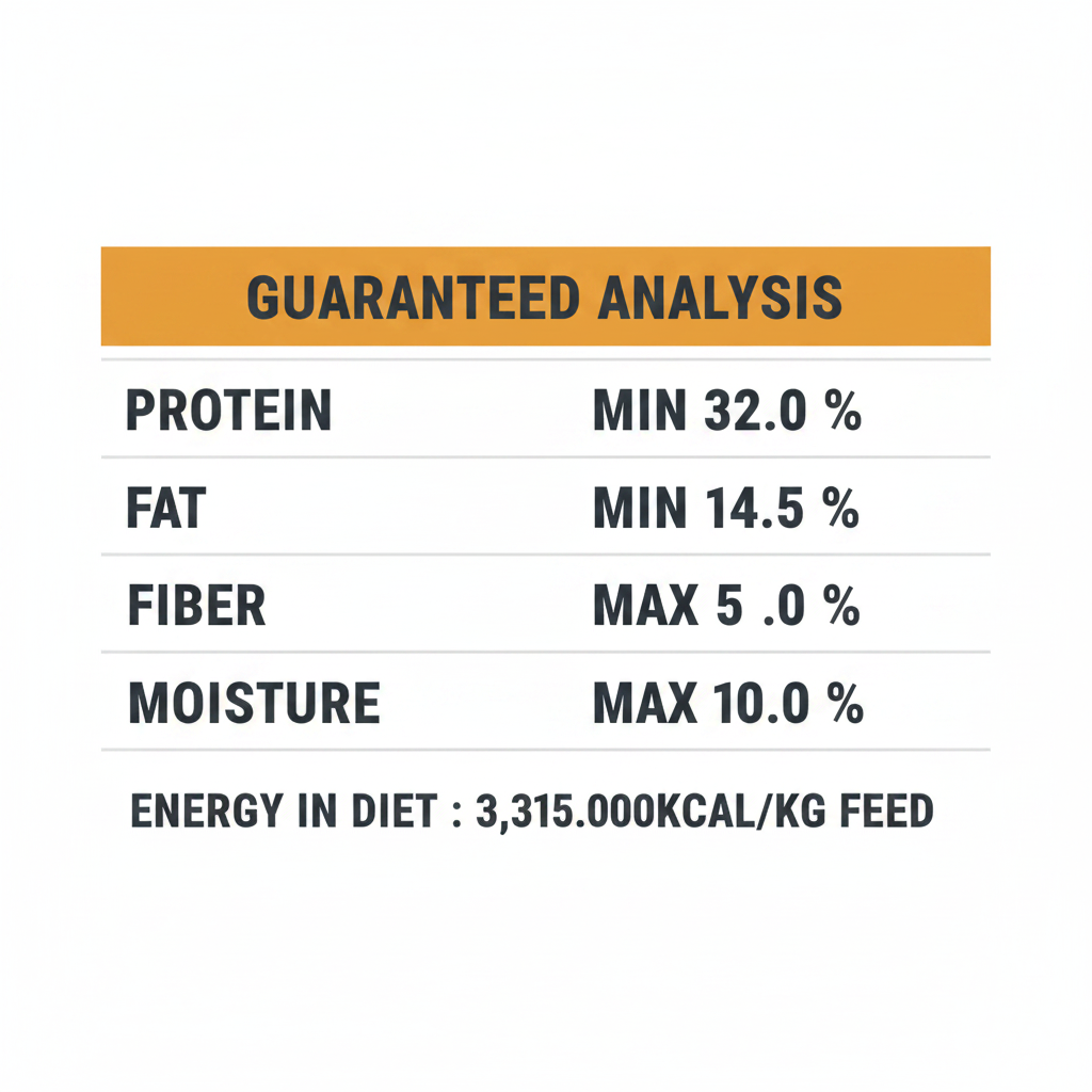 Kit Cat food Nutritional analysis chart with protein, fat, fiber, ash, and moisture percentages for a diet.