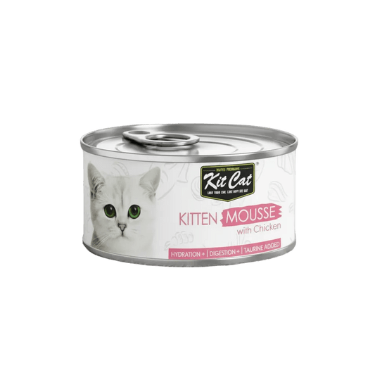 Kit Cat kitten mousse with chicken wet cat food can, front view with pull-top lid