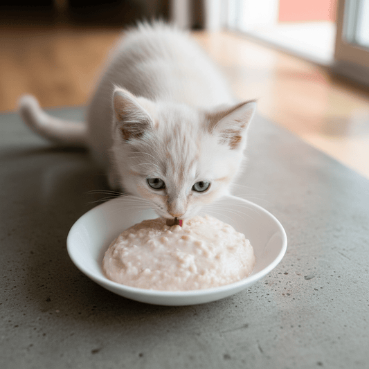 White kitten eating pale mousse from a white ceramic bowl