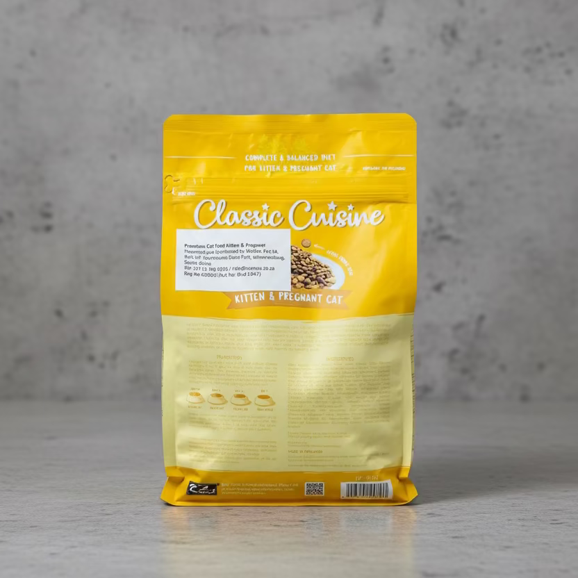 Yellow dry cat food bag back with feeding info and barcode.