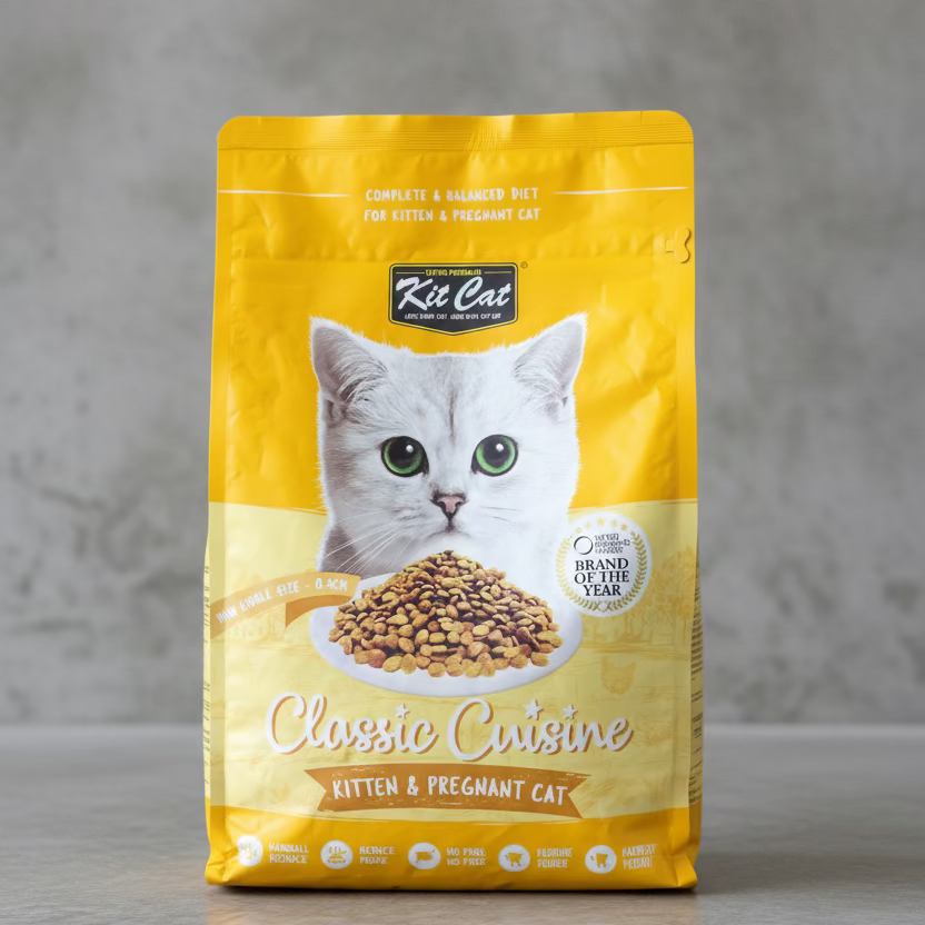 Yellow dry cat food bag for kittens & pregnant cats, Classic Cuisine label.