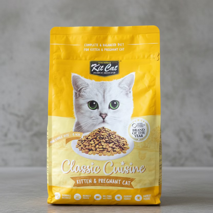 Yellow dry cat food bag for kittens & pregnant cats, Classic Cuisine label.
