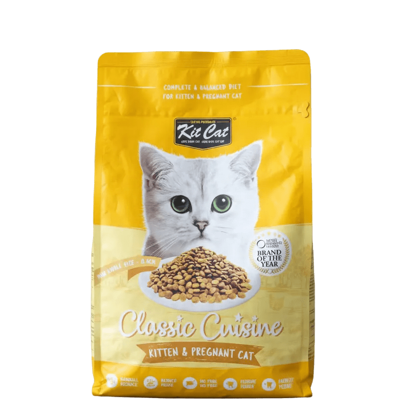 Front view of yellow dry kitten & pregnant cat food bag with Classic Cuisine label.