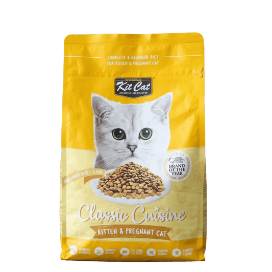Front view of yellow dry kitten & pregnant cat food bag with Classic Cuisine label.