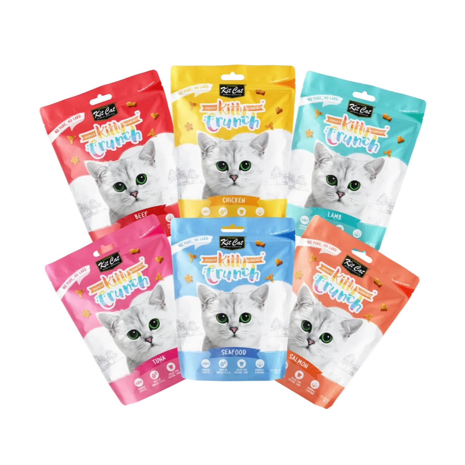 Kit Cat Kitty Crunch crunchy cat treats available in Beef, Chicken, Lamb, Salmon, Seafood and Tuna flavours.