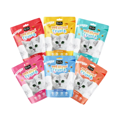 Kit Cat Kitty Crunch crunchy cat treats available in Beef, Chicken, Lamb, Salmon, Seafood and Tuna flavours.