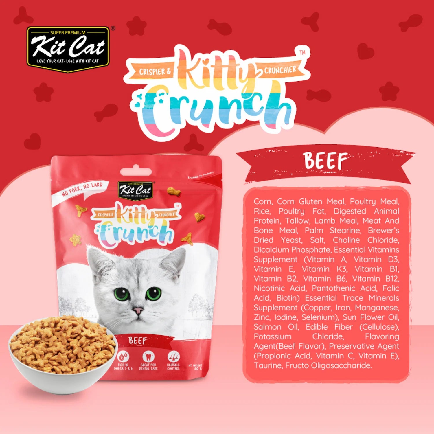 Kit Cat Kitty Crunch Beef crunchy cat treats 60g with ingredient panel and product packaging.