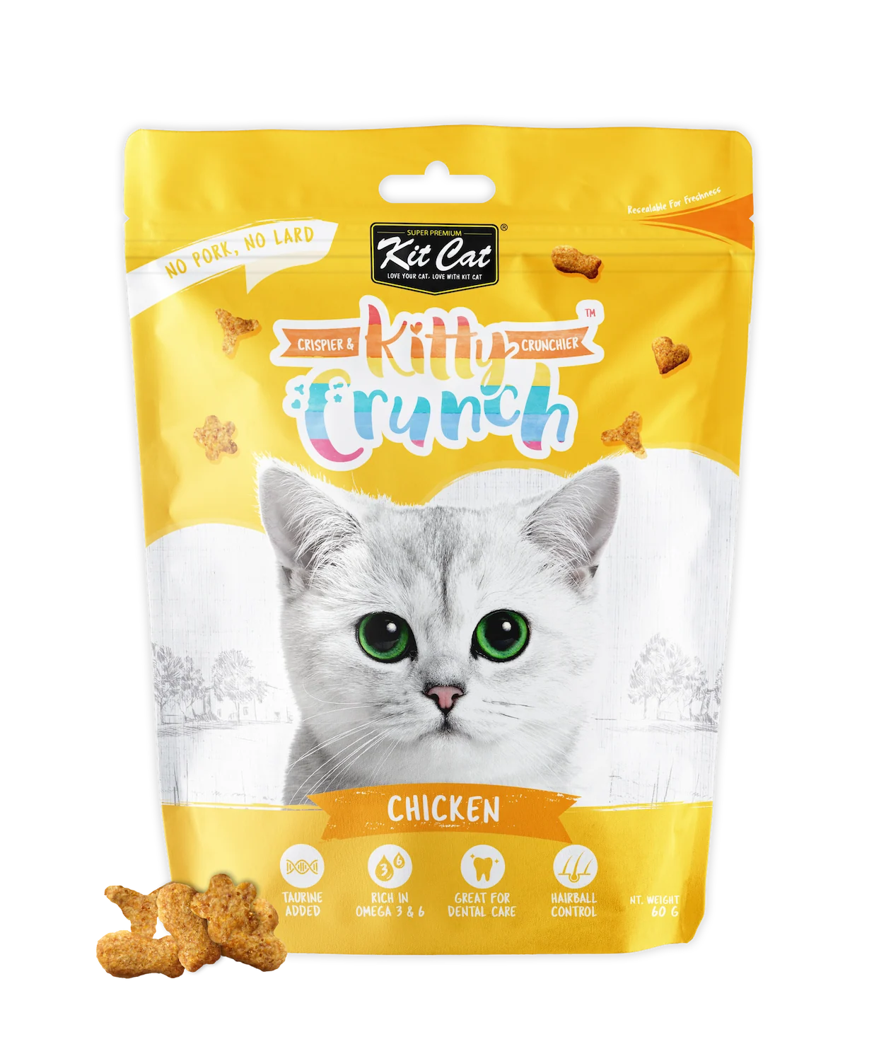 Kit Cat Kitty Crunch Chicken crunchy cat treats 60g product pack with treats displayed.