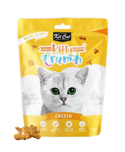 Kit Cat Kitty Crunch Chicken crunchy cat treats 60g product pack with treats displayed.