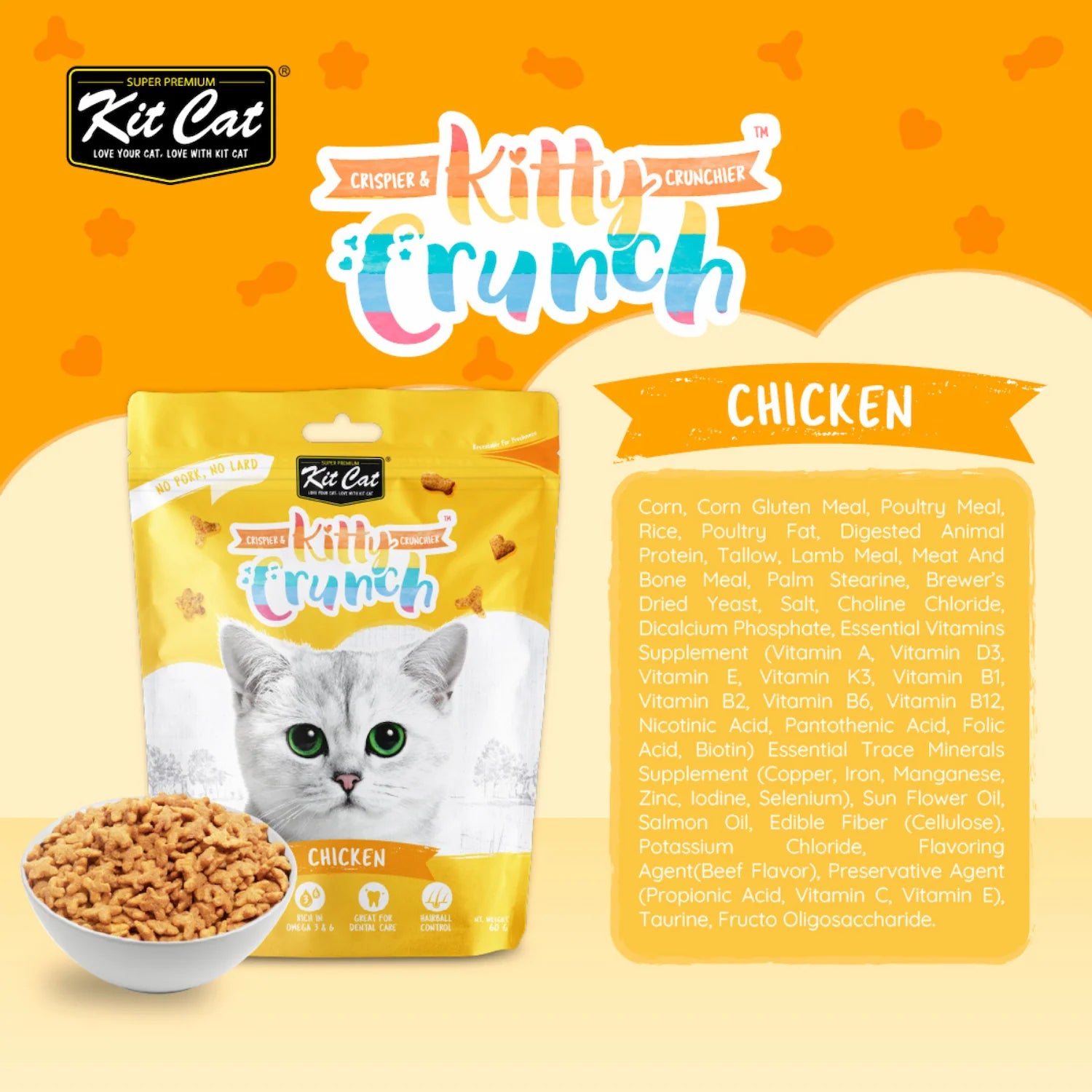 Kit Cat Kitty Crunch Chicken crunchy cat treats 60g with ingredient list and product packaging.