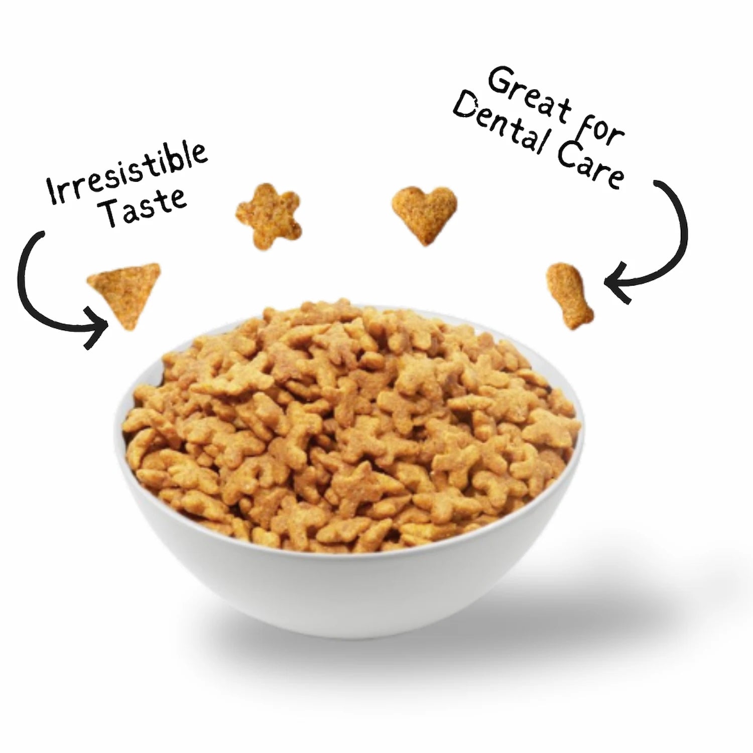 Kit Cat Kitty Crunch crunchy treats showing four treat shapes designed for rewarding cats.