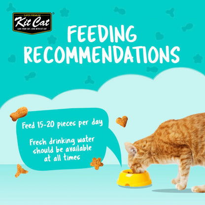 Kit Cat Kitty Crunch feeding guide recommending 15–20 treats daily with fresh drinking water available.