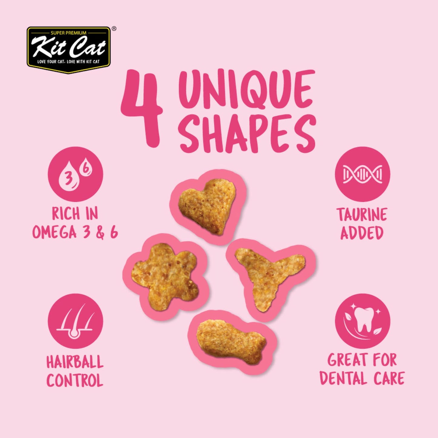 Kit Cat Kitty Crunch four unique crunchy treat shapes with omega 3 & 6, taurine, hairball control and dental care icons.