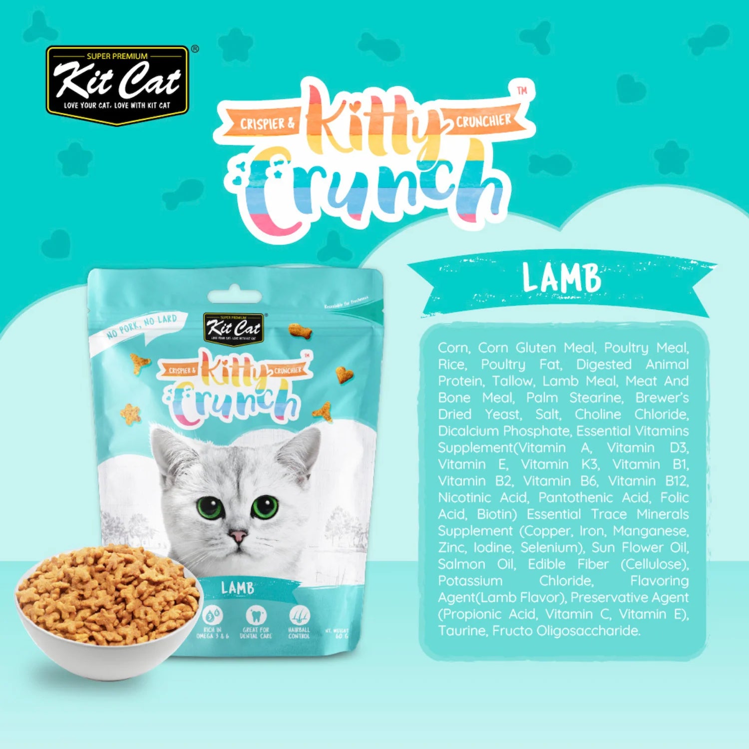 Kit Cat Kitty Crunch Lamb crunchy cat treats 60g showing ingredients and product packaging.