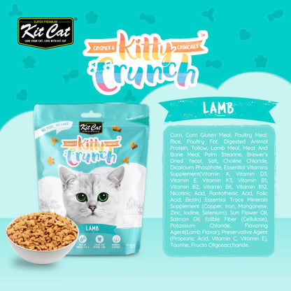 Kit Cat Kitty Crunch Lamb crunchy cat treats 60g showing ingredients and product packaging.