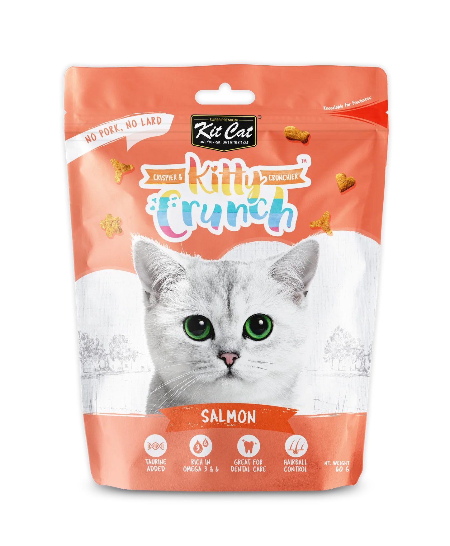 Front of Kit Cat Kitty Crunch Salmon crunchy cat treats 60g with taurine, omega 3 & 6 and dental care support.