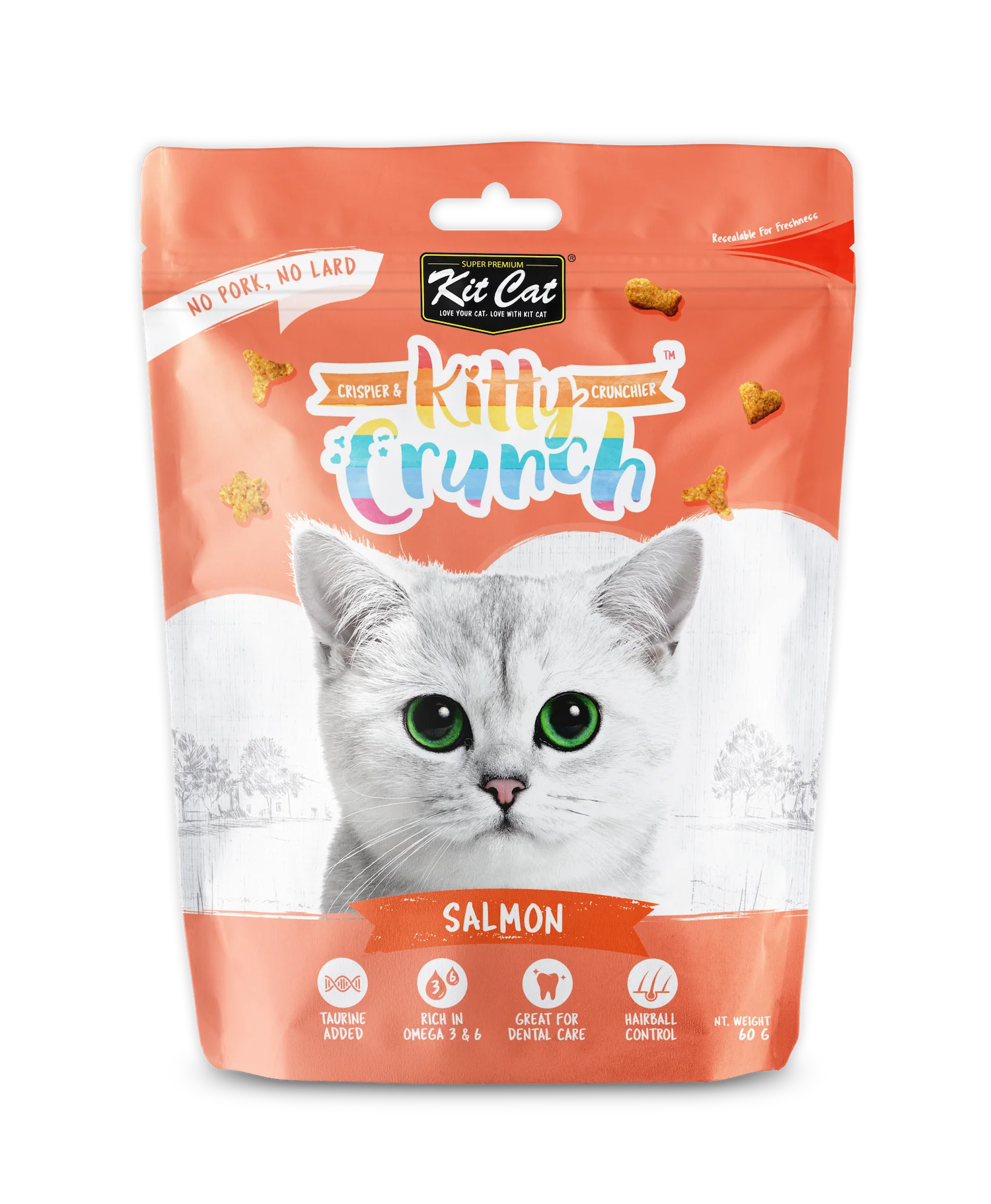 Front of Kit Cat Kitty Crunch Salmon crunchy cat treats 60g with taurine, omega 3 & 6 and dental care support.