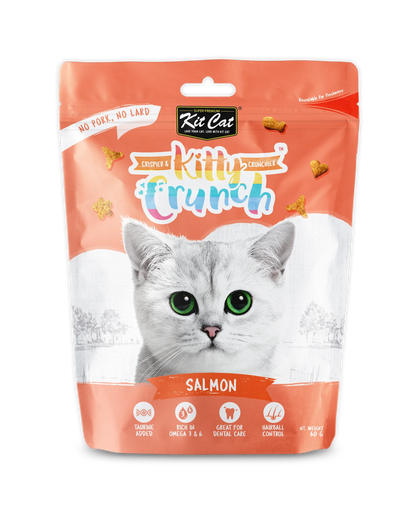 Front of Kit Cat Kitty Crunch Salmon crunchy cat treats 60g with taurine, omega 3 & 6 and dental care support.
