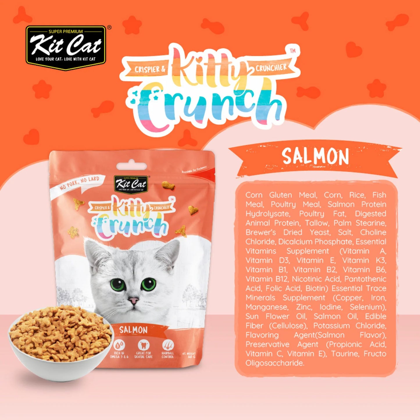 Kit Cat Kitty Crunch Salmon crunchy cat treats 60g with ingredient panel and product packaging.