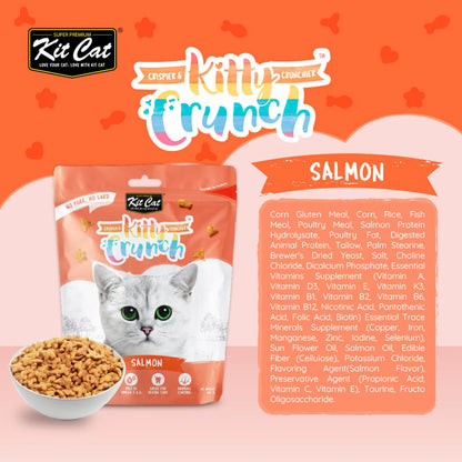 Kit Cat Kitty Crunch Salmon crunchy cat treats 60g with ingredient panel and product packaging.